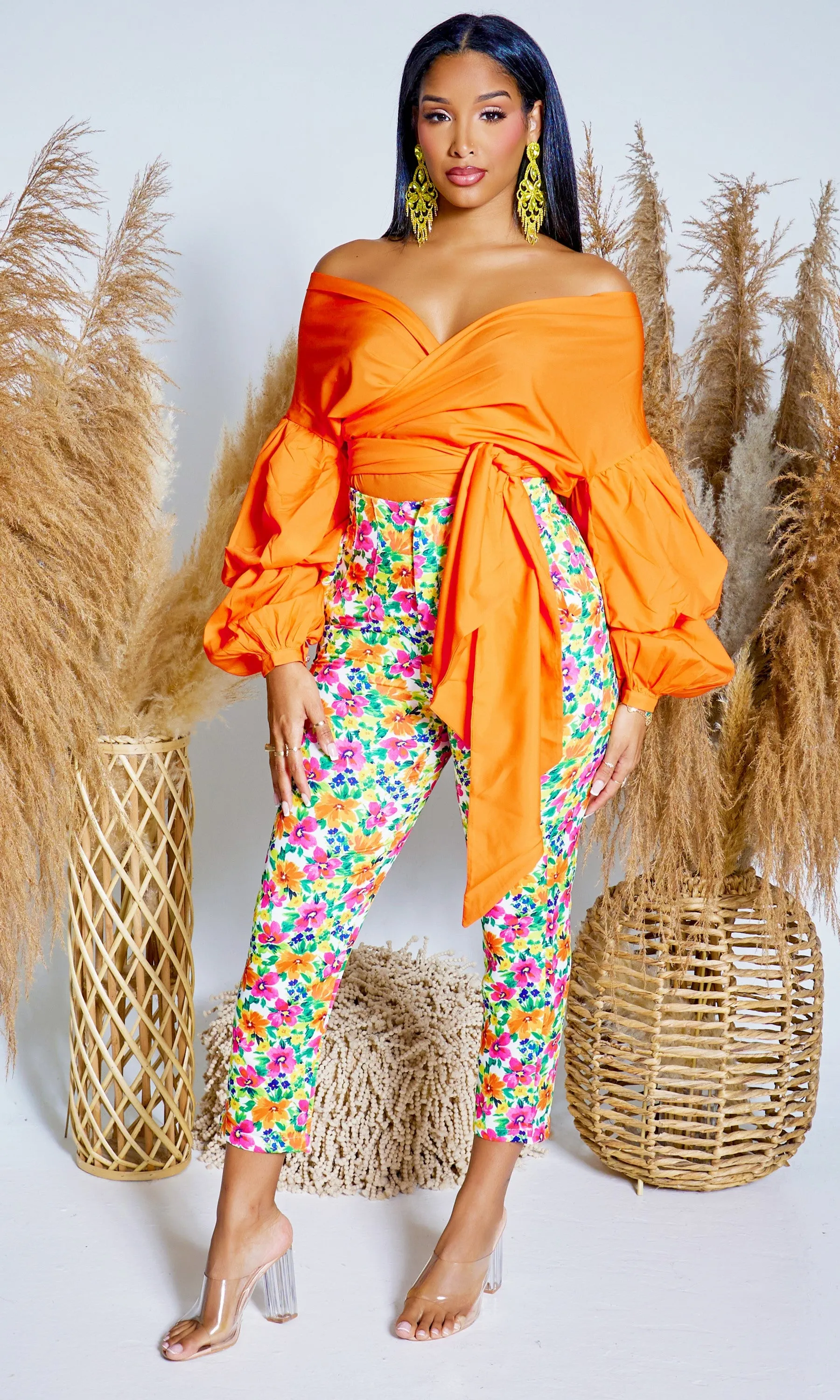 Puff Sleeve Twist Front Top - Orange