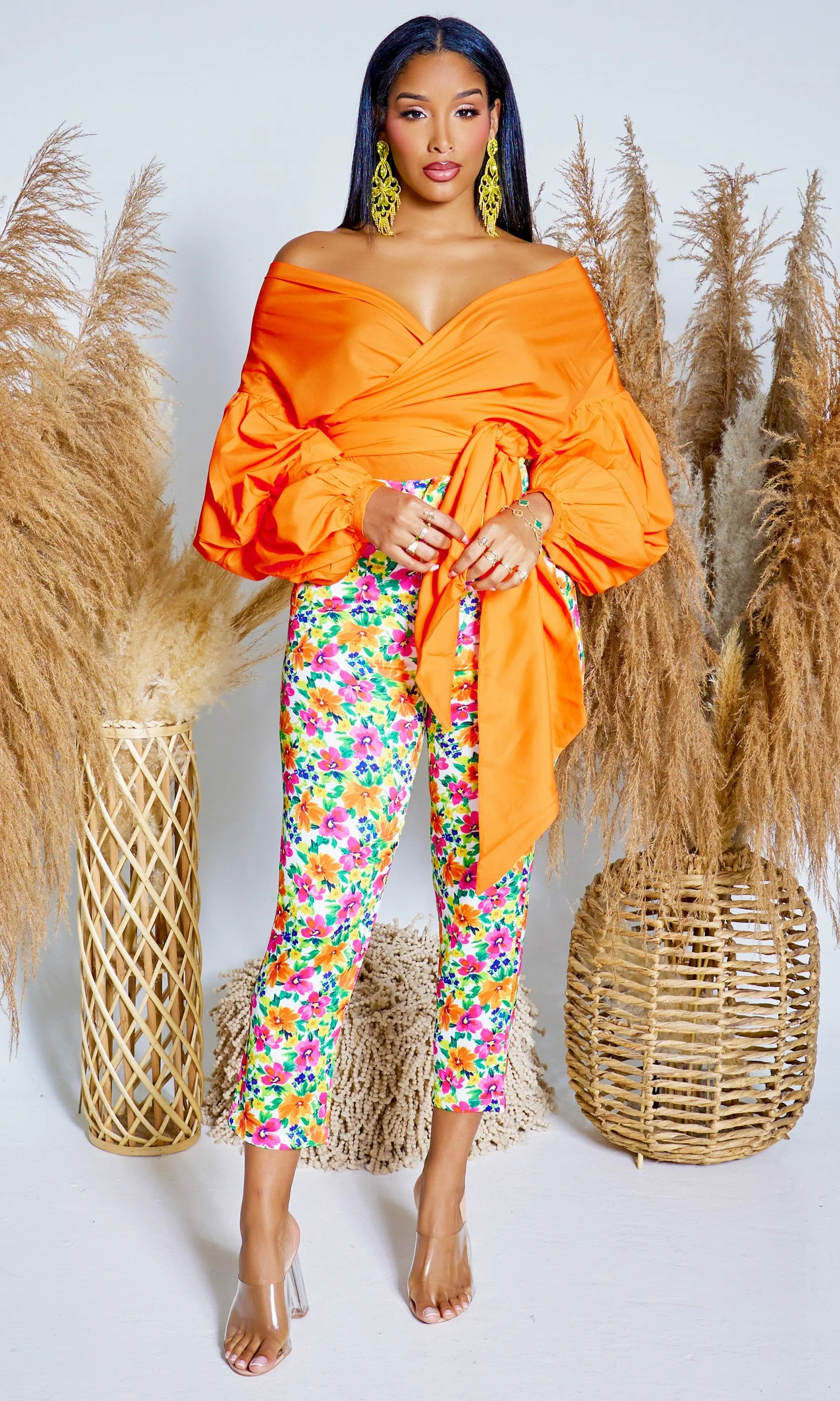 Puff Sleeve Twist Front Top - Orange