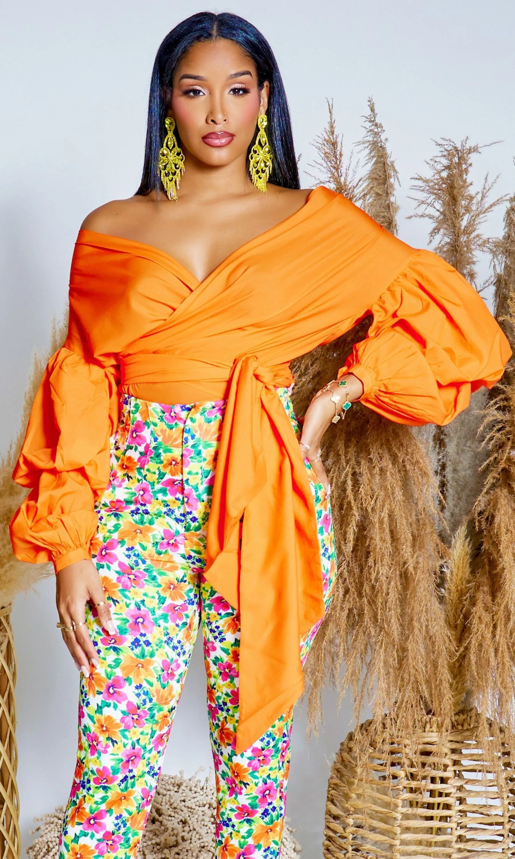 Puff Sleeve Twist Front Top - Orange