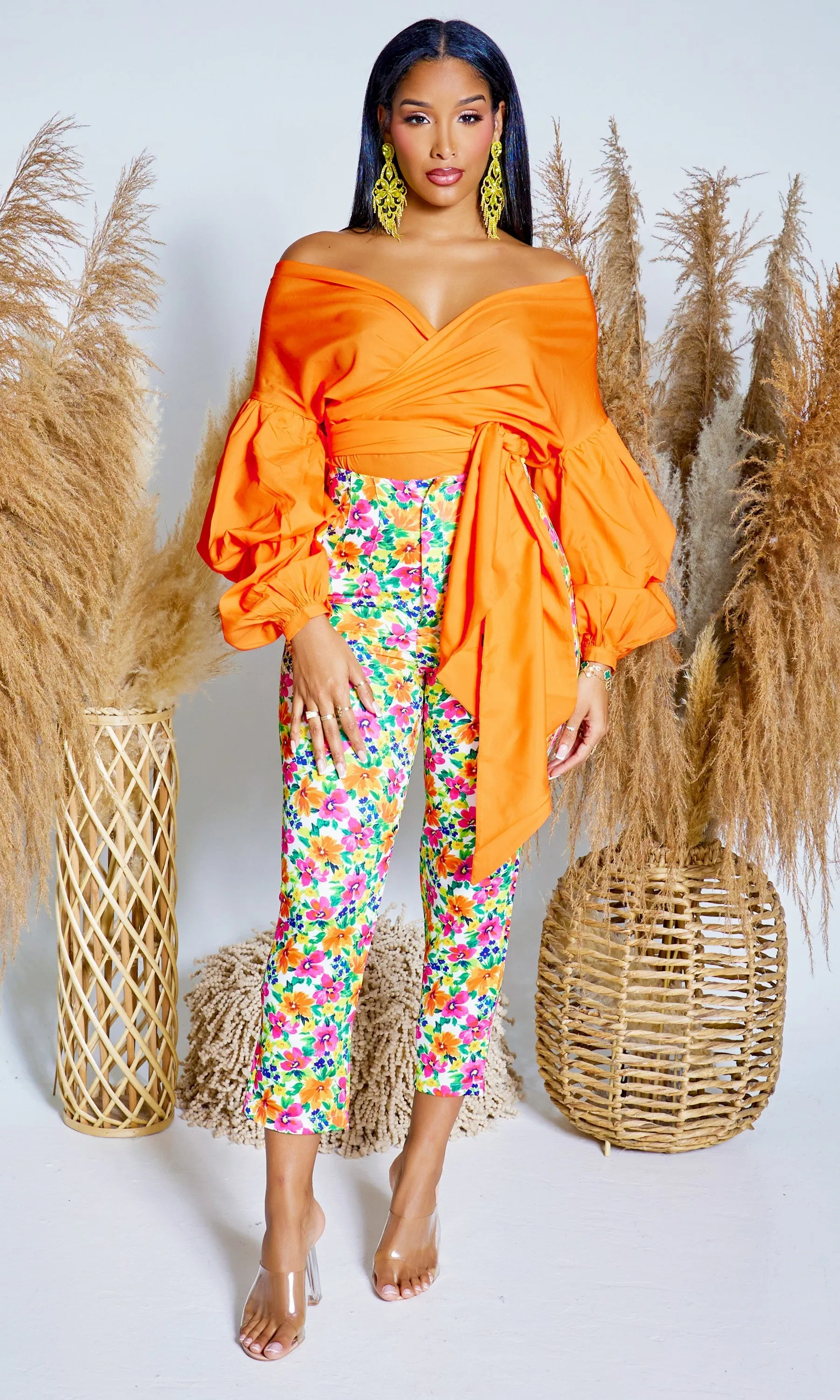 Puff Sleeve Twist Front Top - Orange