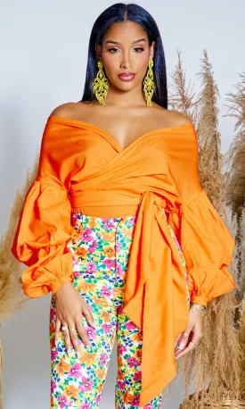 Puff Sleeve Twist Front Top - Orange