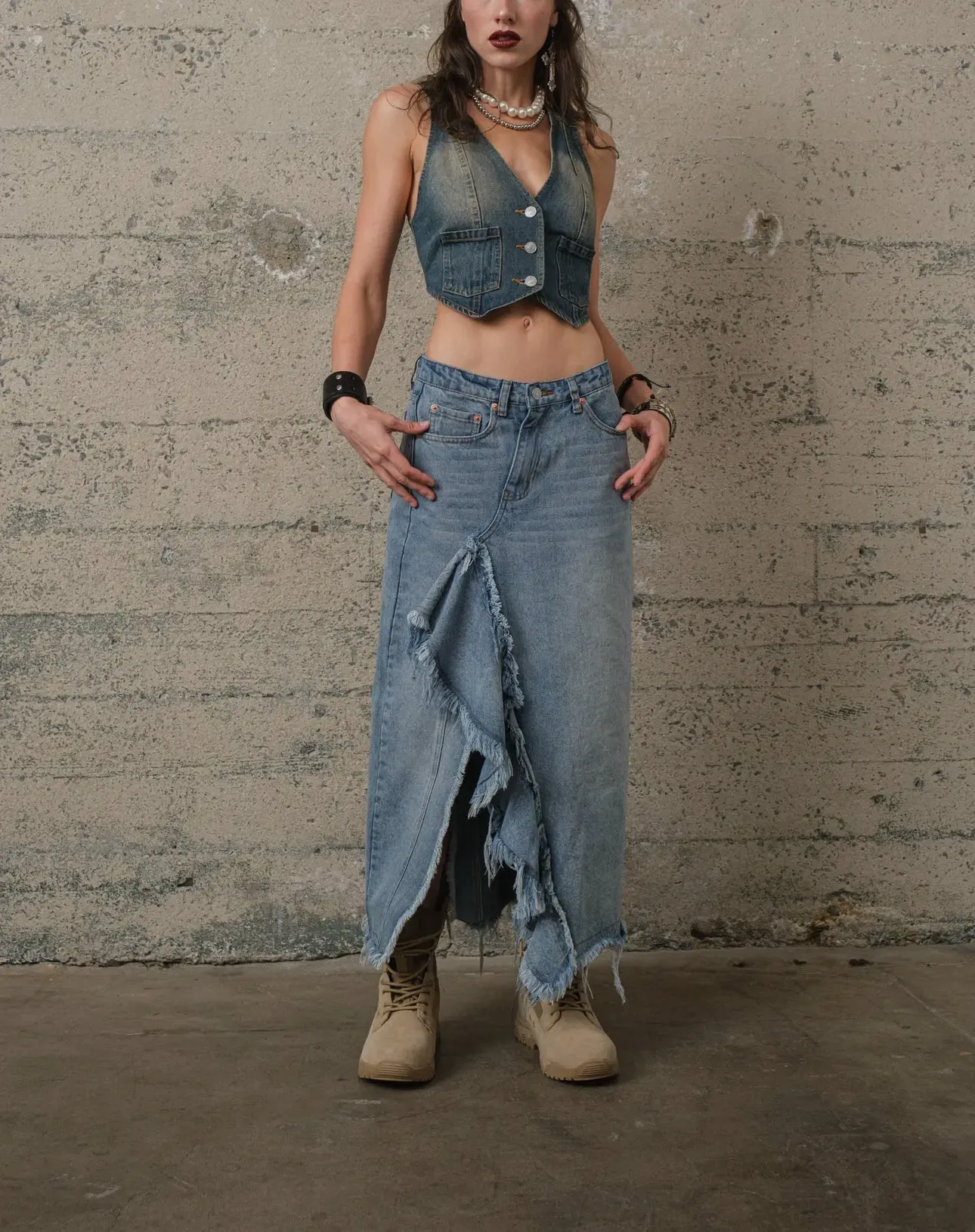 Riley Ruffle Denim Maxi Skirt - Jean Skirt - Ruffle Skirt