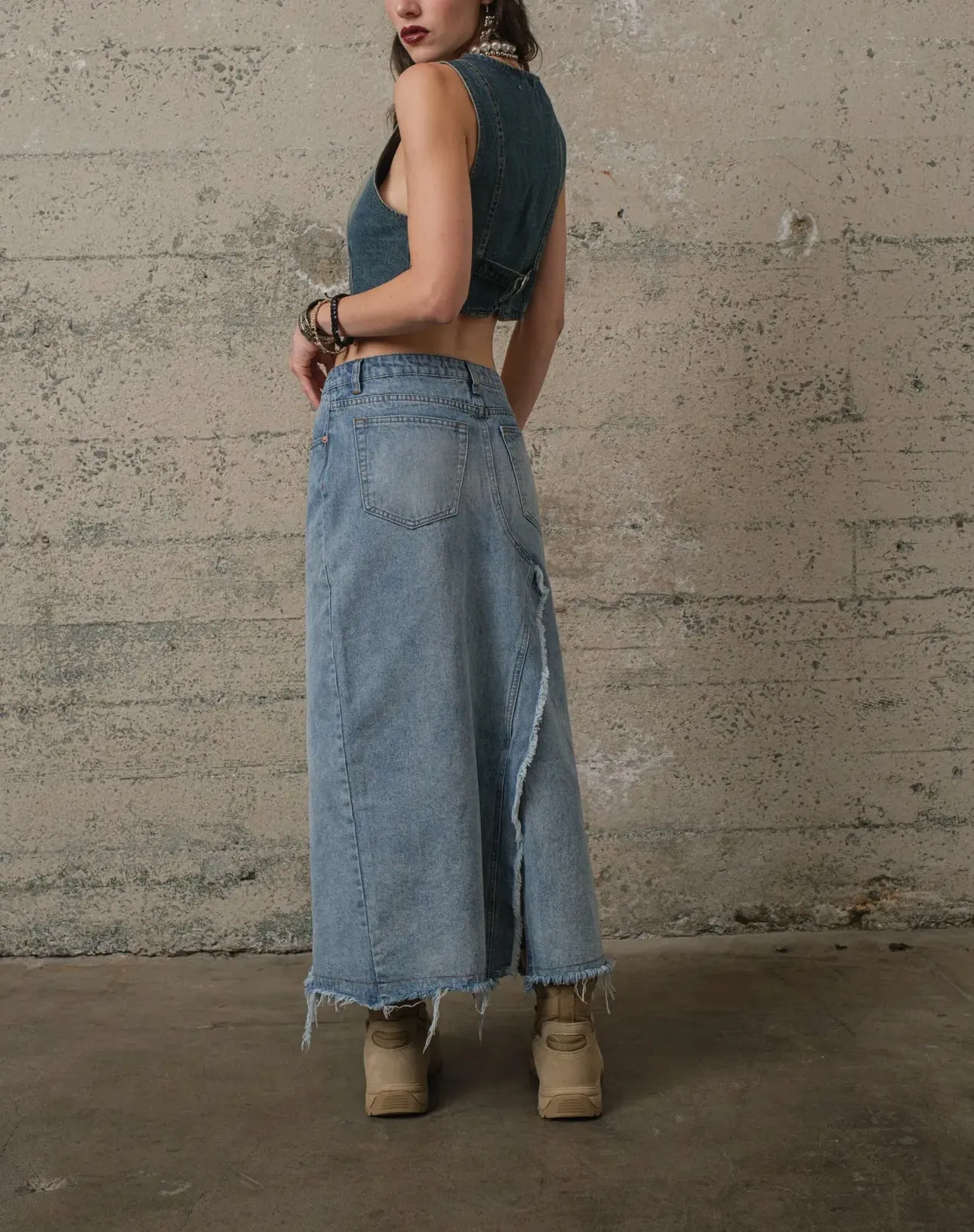 Riley Ruffle Denim Maxi Skirt - Jean Skirt - Ruffle Skirt