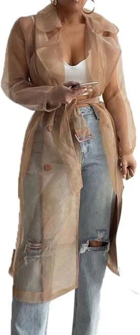 Sexyshine Women's Summer Mesh Sheer See Through Double Breasted Midi Trench Coat Belted Lightweight Cardigan
