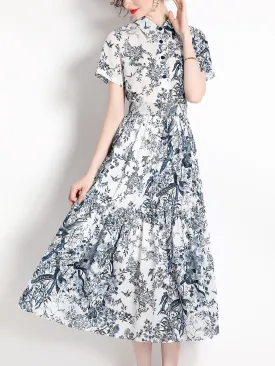 Shirt Collar Long Sleeves Ink Painting Printed Beach Party Swing Boho Dress