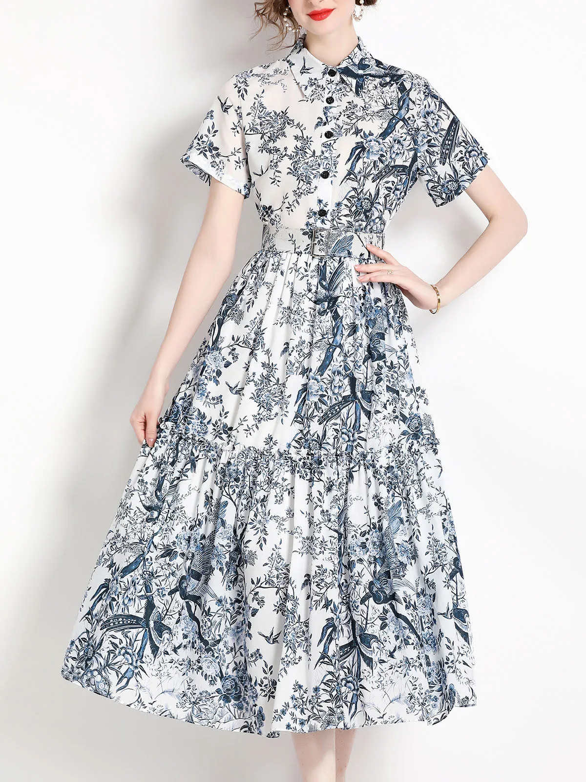 Shirt Collar Long Sleeves Ink Painting Printed Beach Party Swing Boho Dress