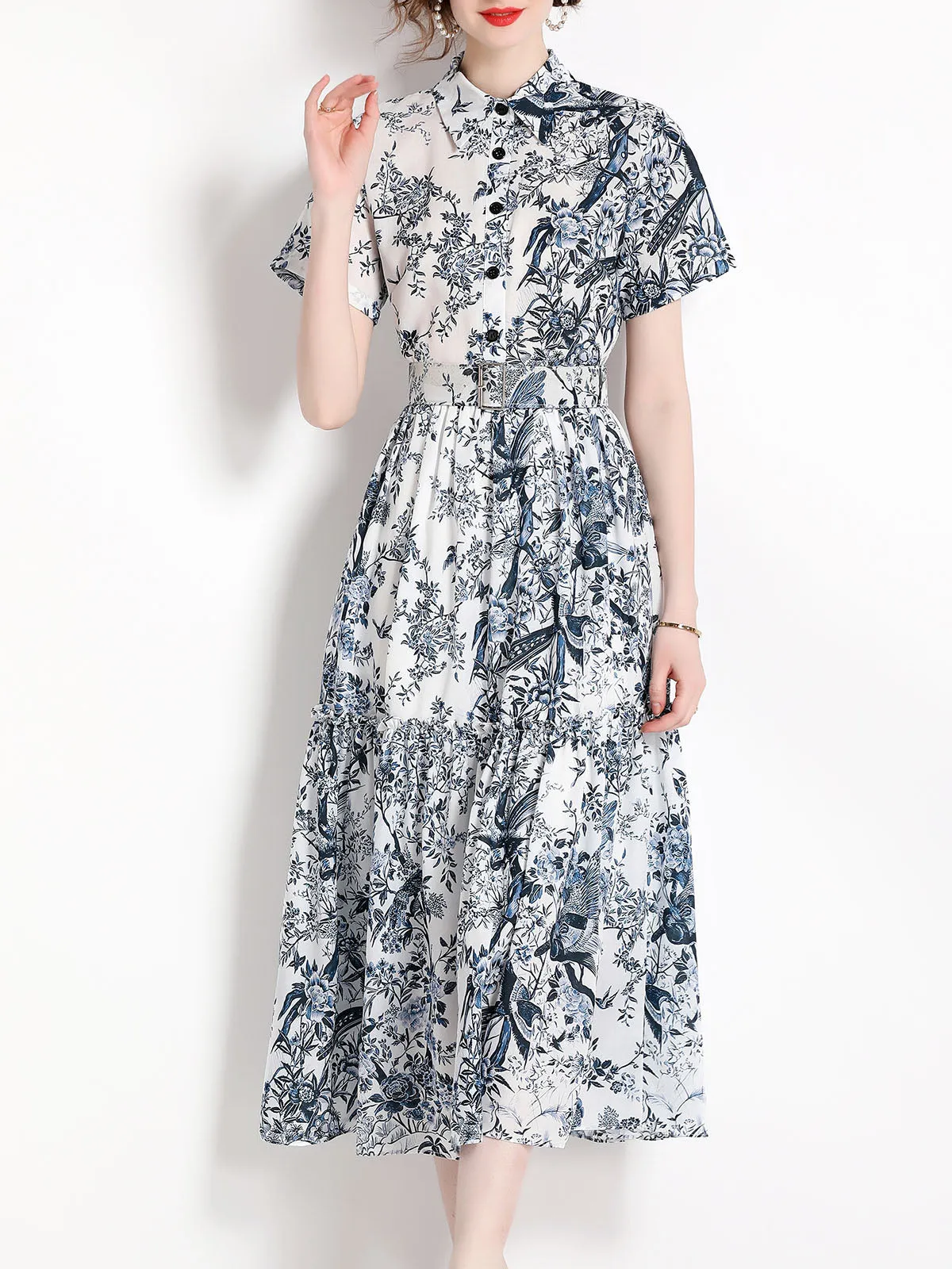 Shirt Collar Long Sleeves Ink Painting Printed Beach Party Swing Boho Dress