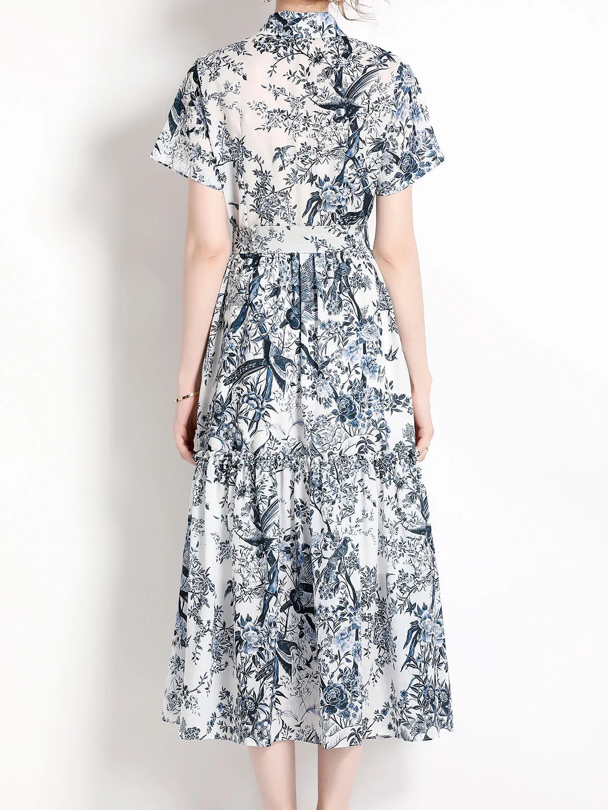 Shirt Collar Long Sleeves Ink Painting Printed Beach Party Swing Boho Dress