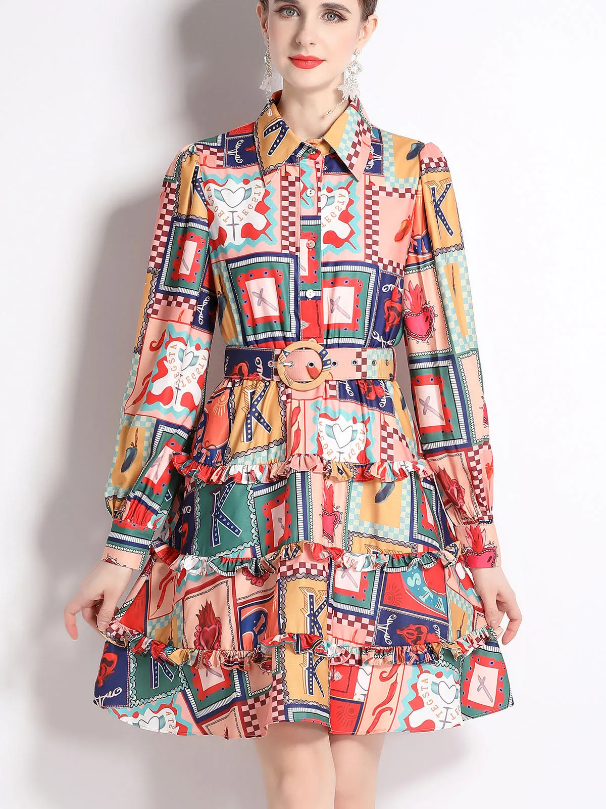 Shirt Collar Ruffles Skirt Long Sleeves Floral Printed Midi Boho Dress with Belt