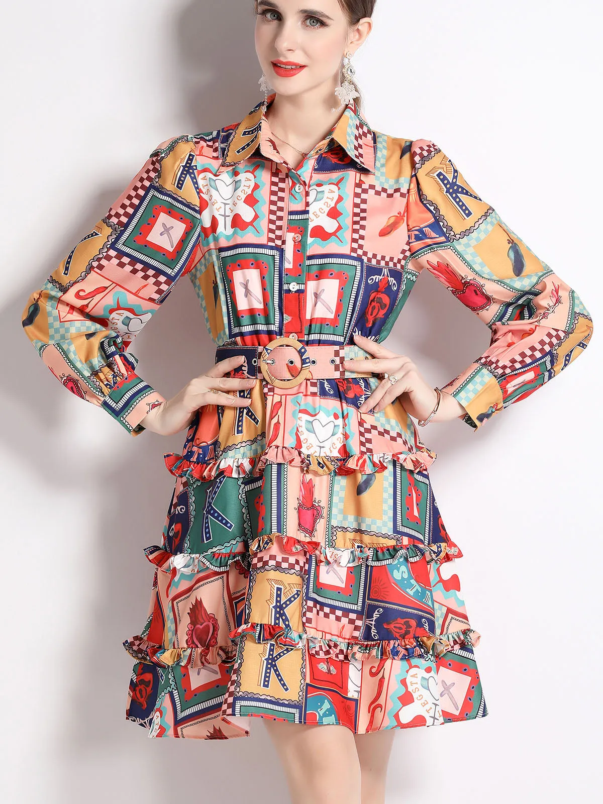 Shirt Collar Ruffles Skirt Long Sleeves Floral Printed Midi Boho Dress with Belt
