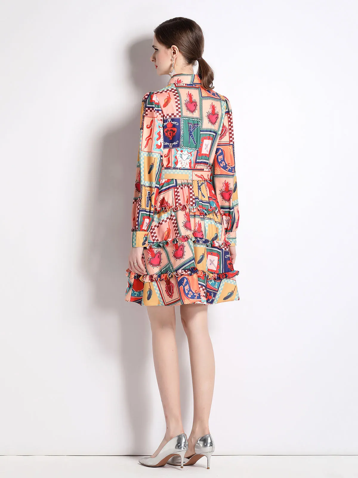 Shirt Collar Ruffles Skirt Long Sleeves Floral Printed Midi Boho Dress with Belt