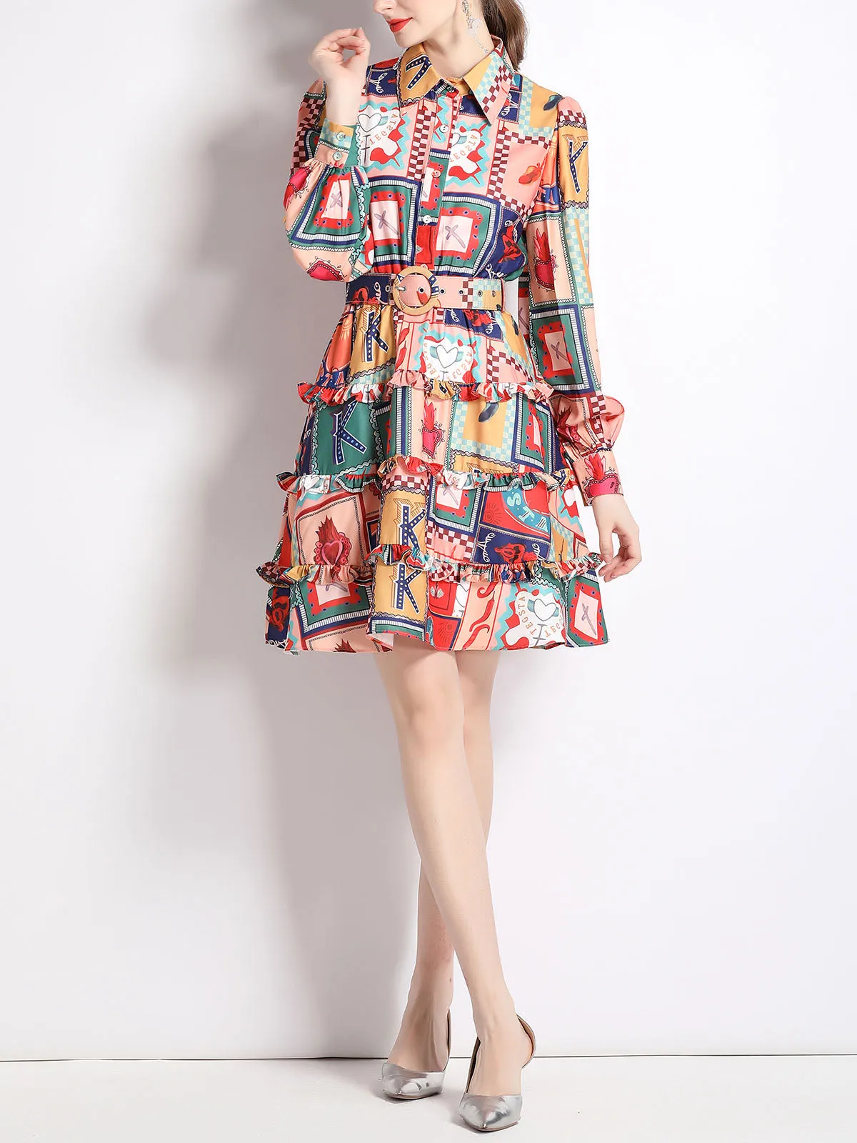 Shirt Collar Ruffles Skirt Long Sleeves Floral Printed Midi Boho Dress with Belt