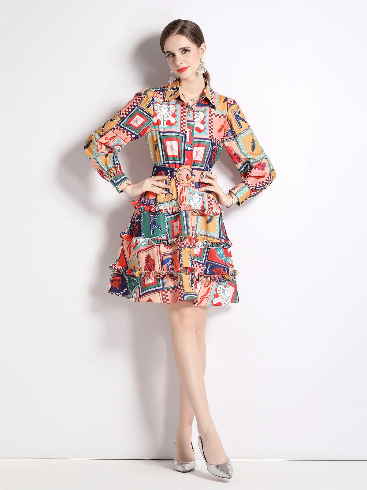 Shirt Collar Ruffles Skirt Long Sleeves Floral Printed Midi Boho Dress with Belt
