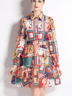 Shirt Collar Ruffles Skirt Long Sleeves Floral Printed Midi Boho Dress with Belt