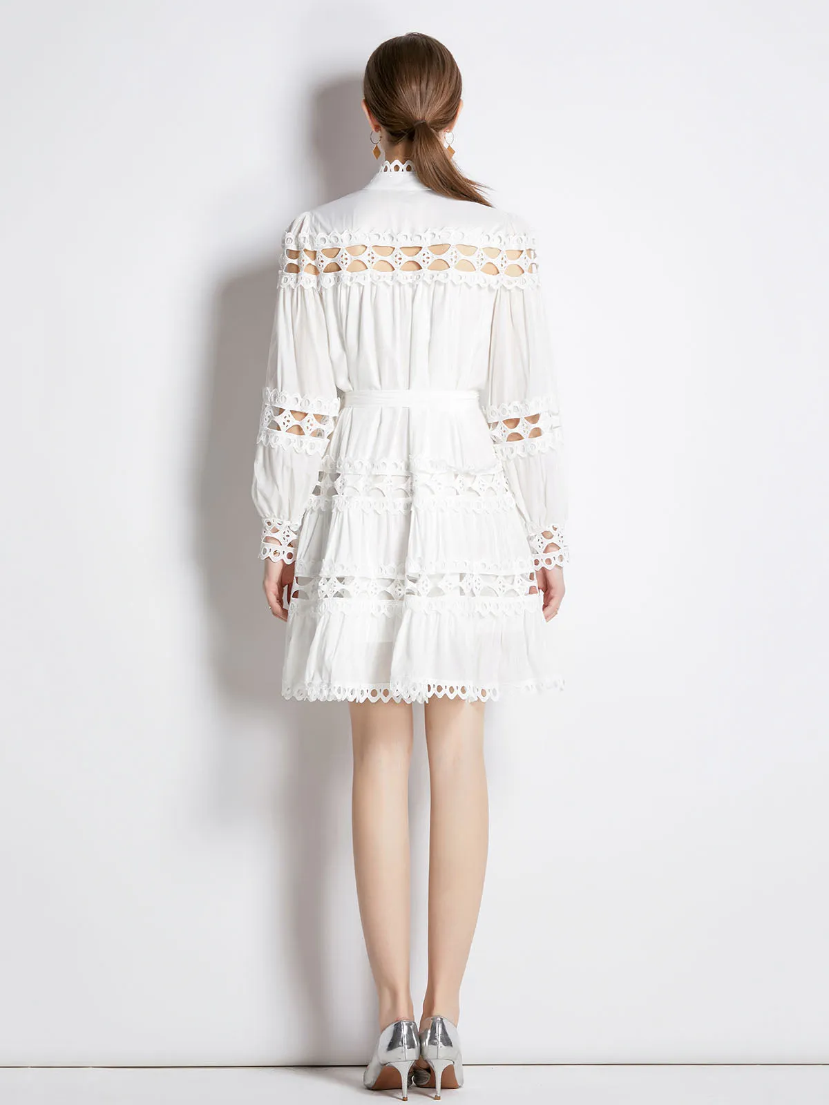 Solid Color Cut Out Style Crewneck Long Sleeves Pleated Midi Beach Boho Dress