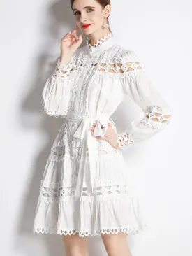 Solid Color Cut Out Style Crewneck Long Sleeves Pleated Midi Beach Boho Dress