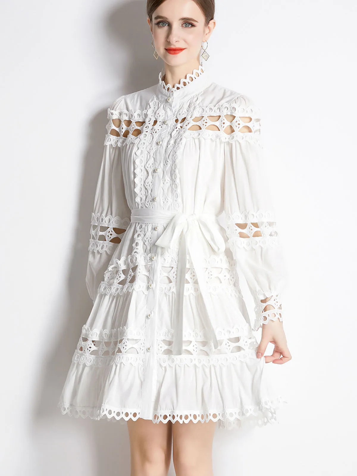 Solid Color Cut Out Style Crewneck Long Sleeves Pleated Midi Beach Boho Dress