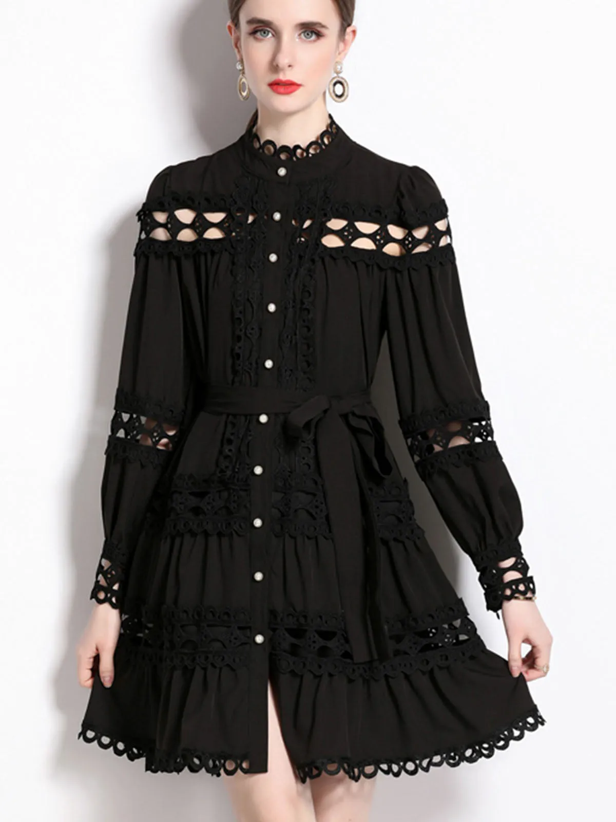 Solid Color Cut Out Style Crewneck Long Sleeves Pleated Midi Beach Boho Dress
