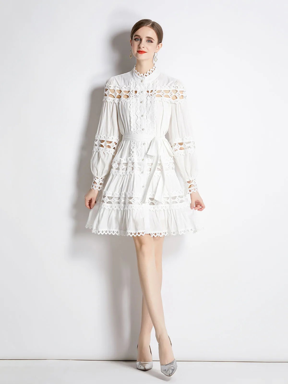 Solid Color Cut Out Style Crewneck Long Sleeves Pleated Midi Beach Boho Dress