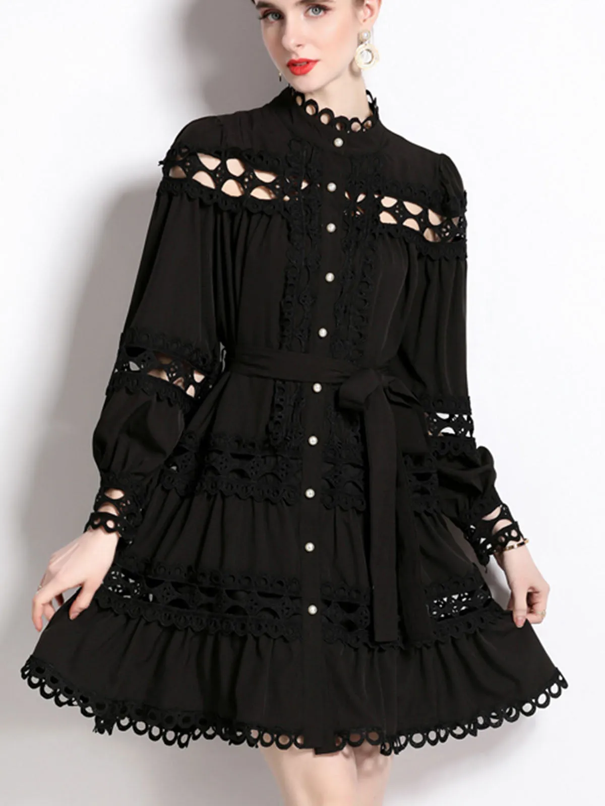 Solid Color Cut Out Style Crewneck Long Sleeves Pleated Midi Beach Boho Dress