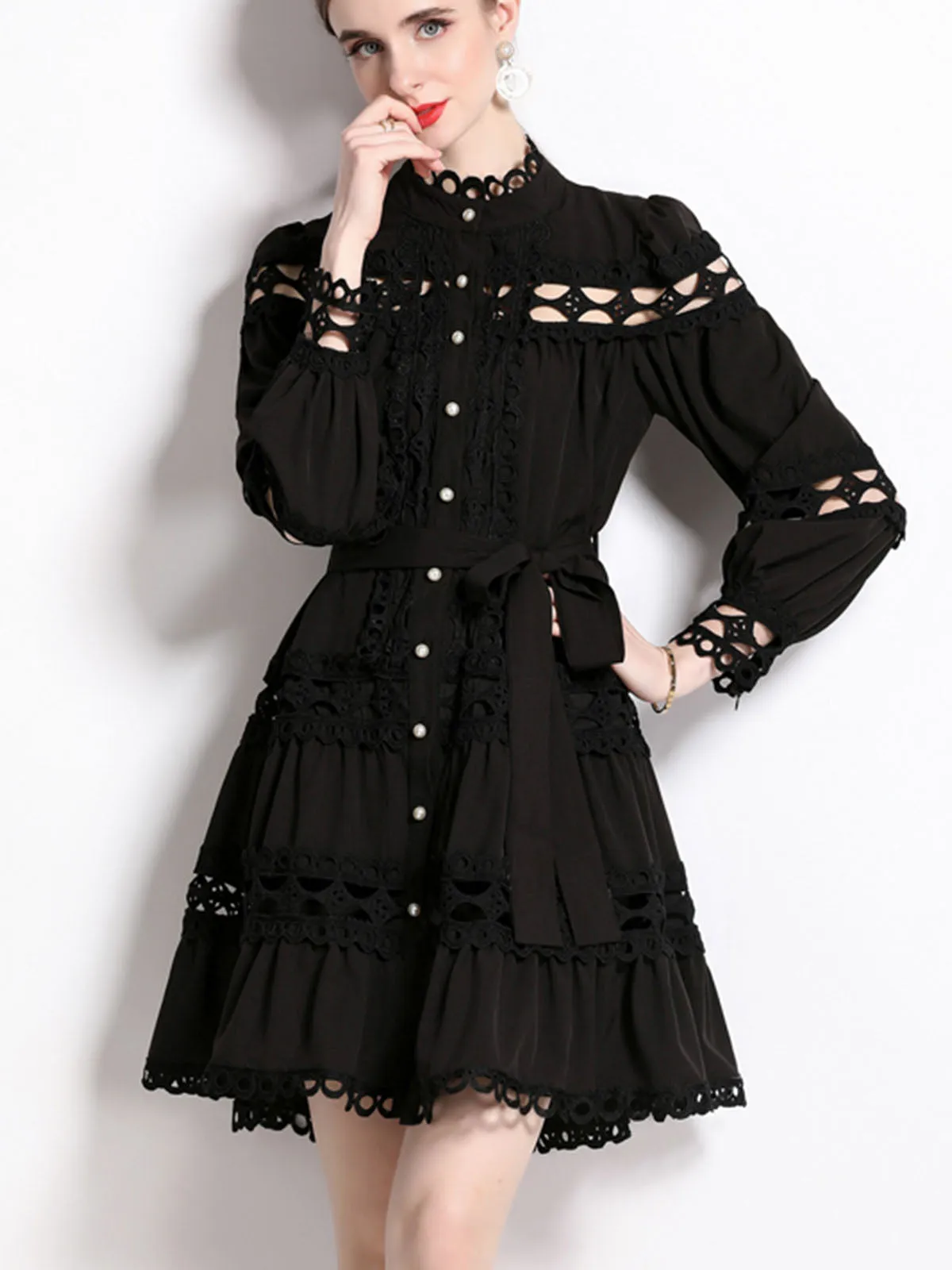 Solid Color Cut Out Style Crewneck Long Sleeves Pleated Midi Beach Boho Dress