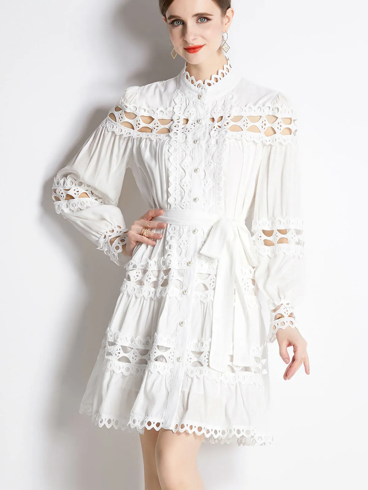 Solid Color Cut Out Style Crewneck Long Sleeves Pleated Midi Beach Boho Dress