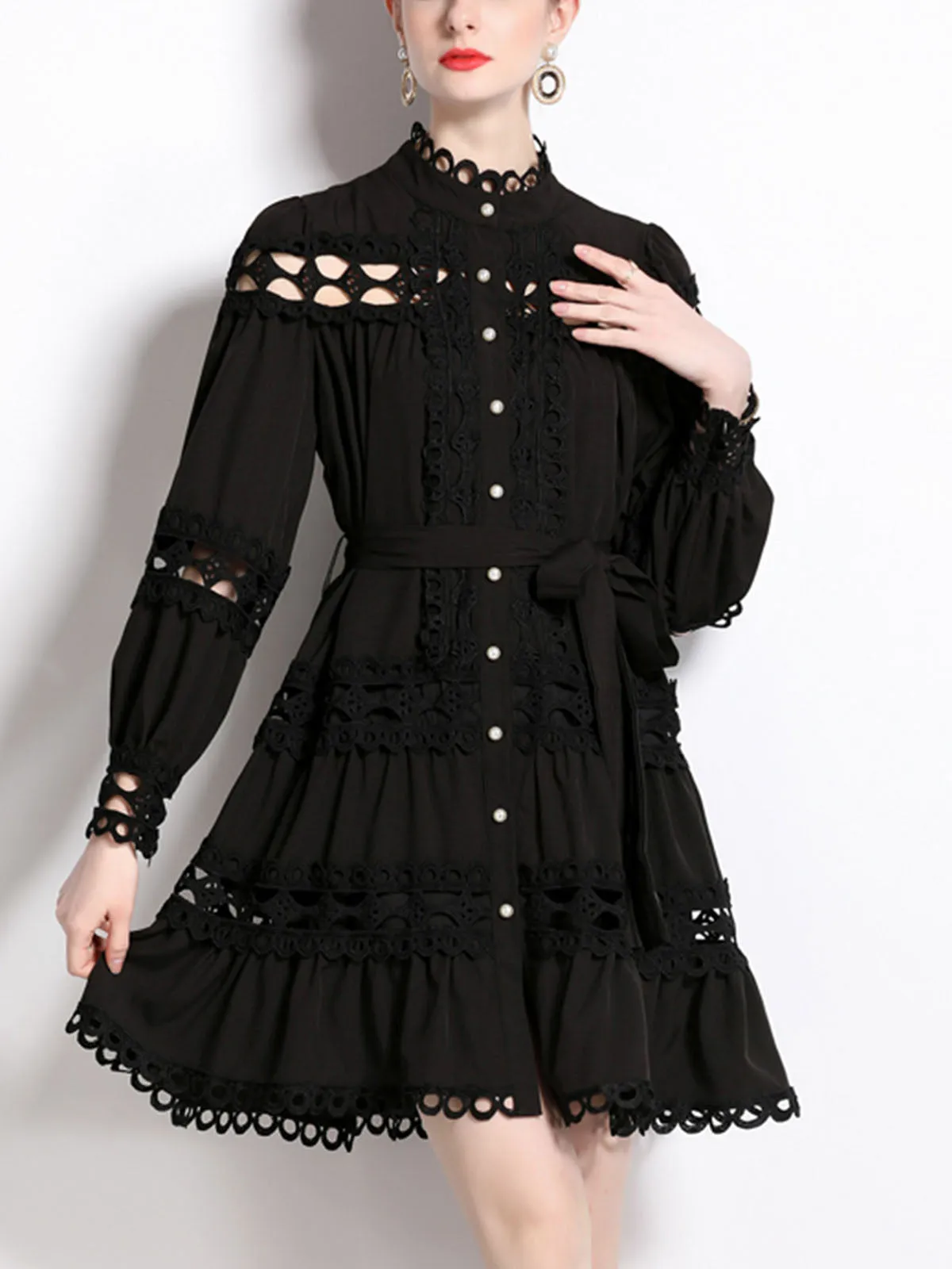 Solid Color Cut Out Style Crewneck Long Sleeves Pleated Midi Beach Boho Dress