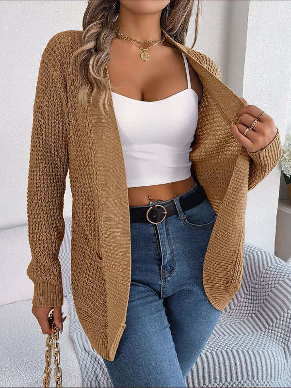 Solid Waffle Knitted Pocket Cardigan