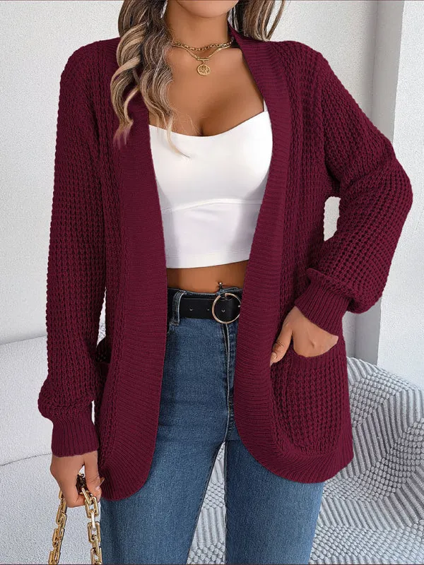 Solid Waffle Knitted Pocket Cardigan