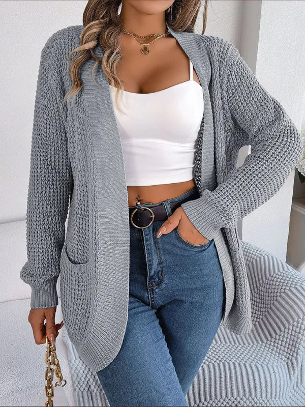 Solid Waffle Knitted Pocket Cardigan