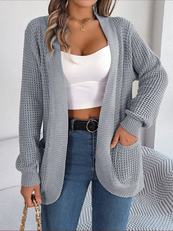 Solid Waffle Knitted Pocket Cardigan