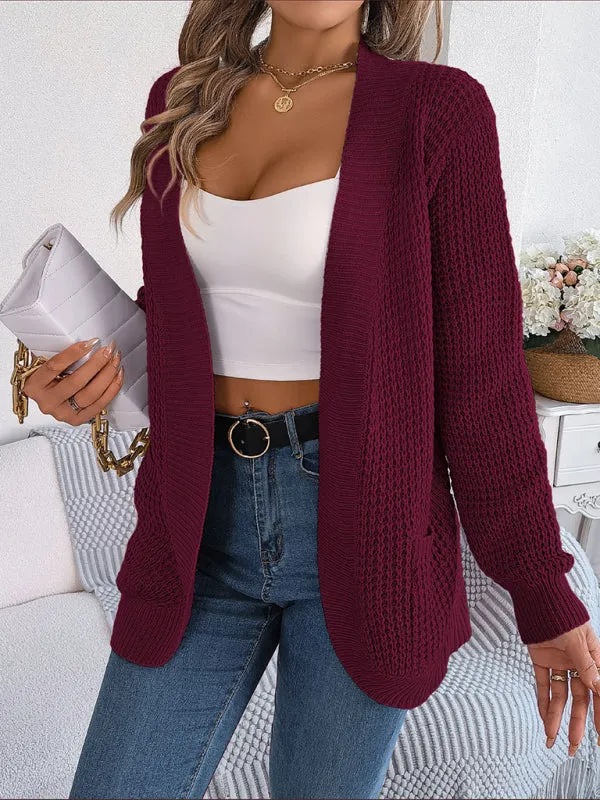 Solid Waffle Knitted Pocket Cardigan