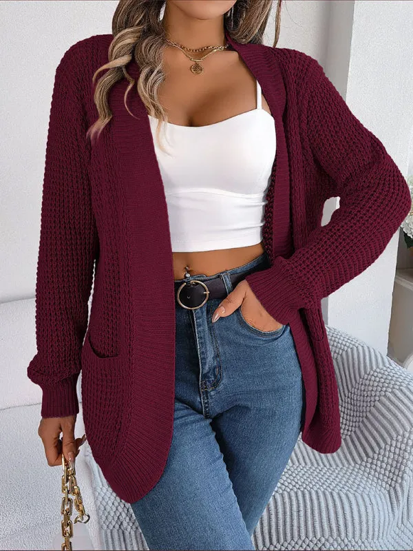 Solid Waffle Knitted Pocket Cardigan