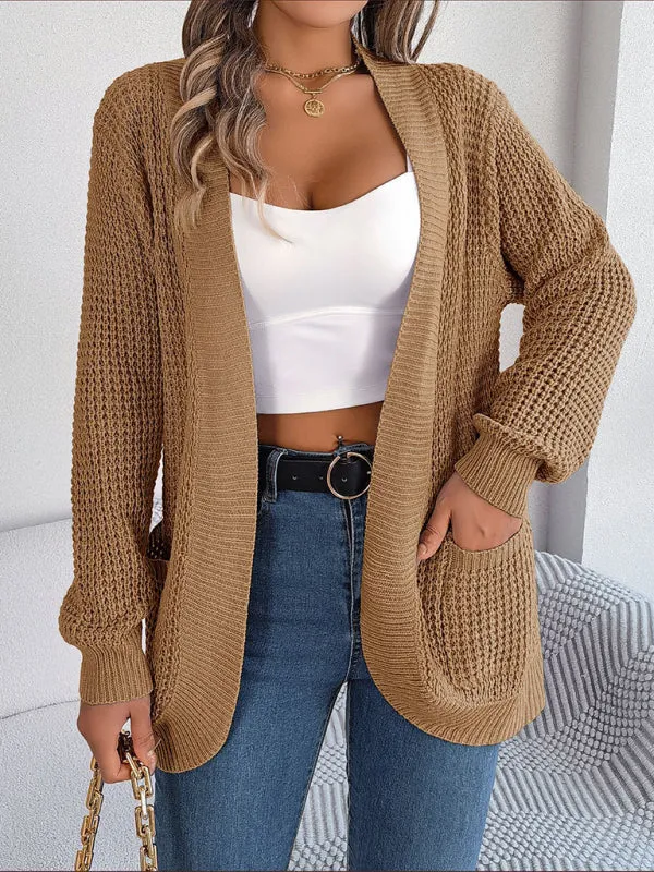 Solid Waffle Knitted Pocket Cardigan