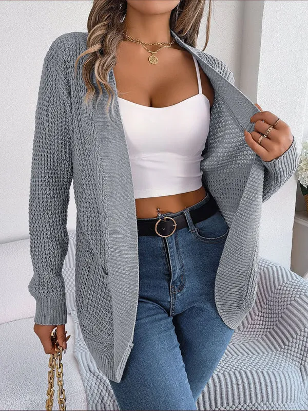 Solid Waffle Knitted Pocket Cardigan