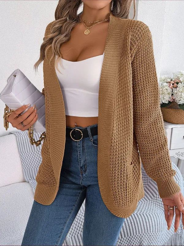 Solid Waffle Knitted Pocket Cardigan