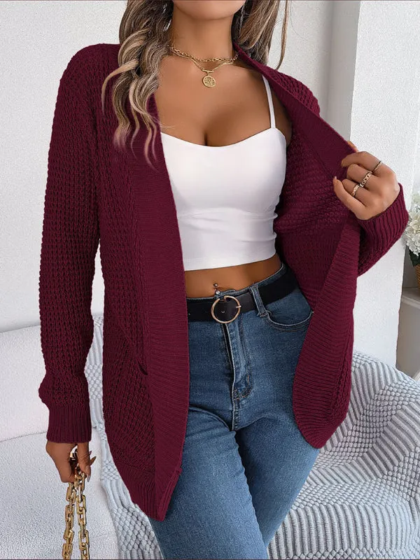 Solid Waffle Knitted Pocket Cardigan