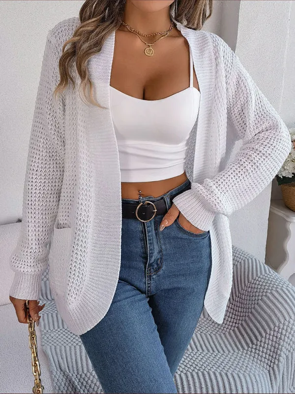 Solid Waffle Knitted Pocket Cardigan