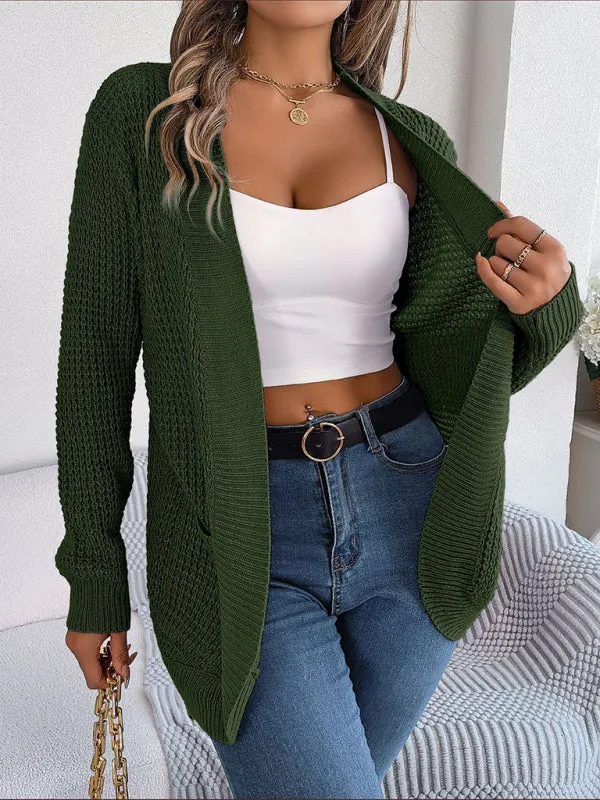 Solid Waffle Knitted Pocket Cardigan