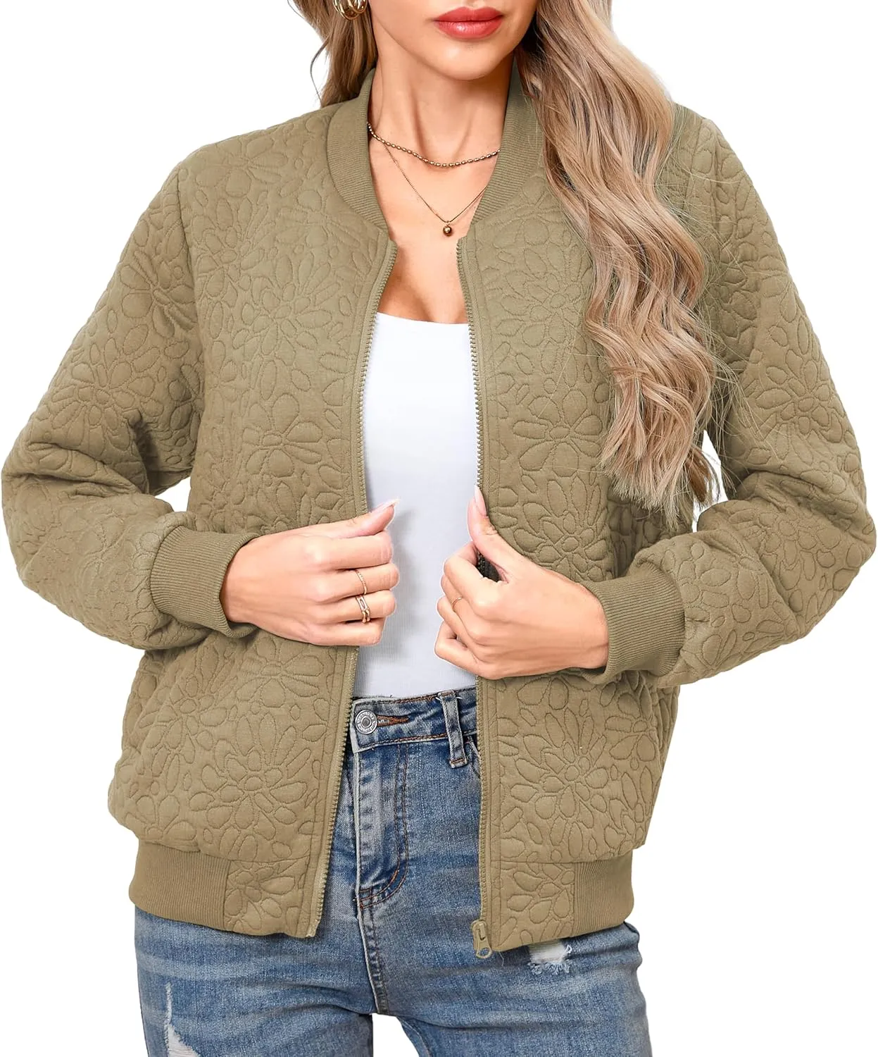 SxClub Women's Bomber Jackets for Women Fashion Casual Quilted Lightweight Zip Up Outerwear Coat with Pockets