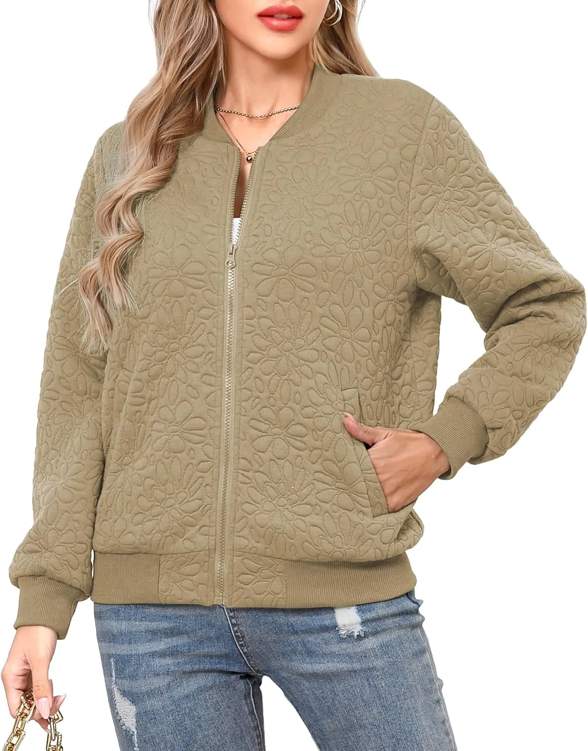 SxClub Women's Bomber Jackets for Women Fashion Casual Quilted Lightweight Zip Up Outerwear Coat with Pockets