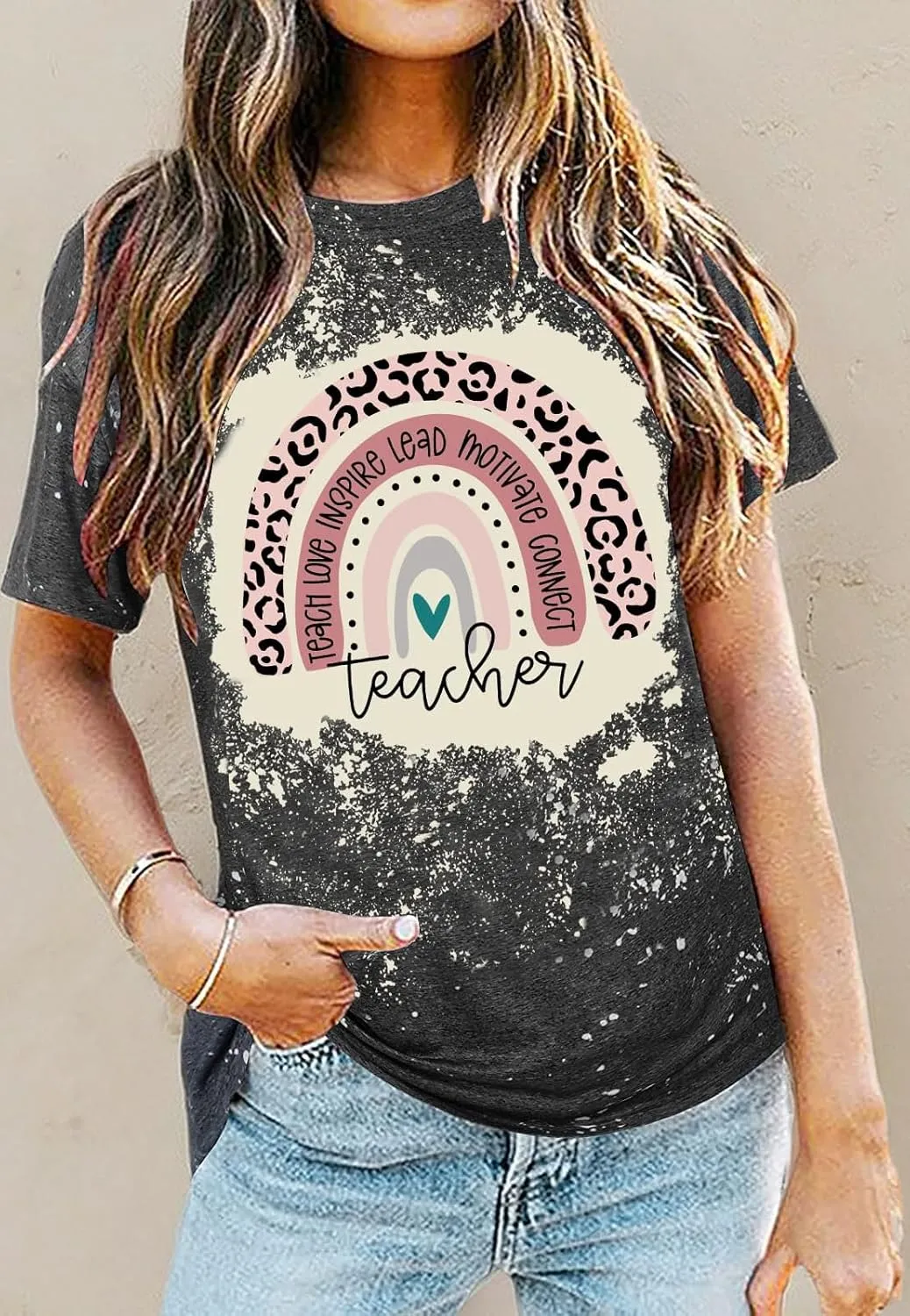 Teacher Shirt for Women Teach Rainbow Leopard Graphic Tee Tops Teachers Gift Teach Inspire T Shirt