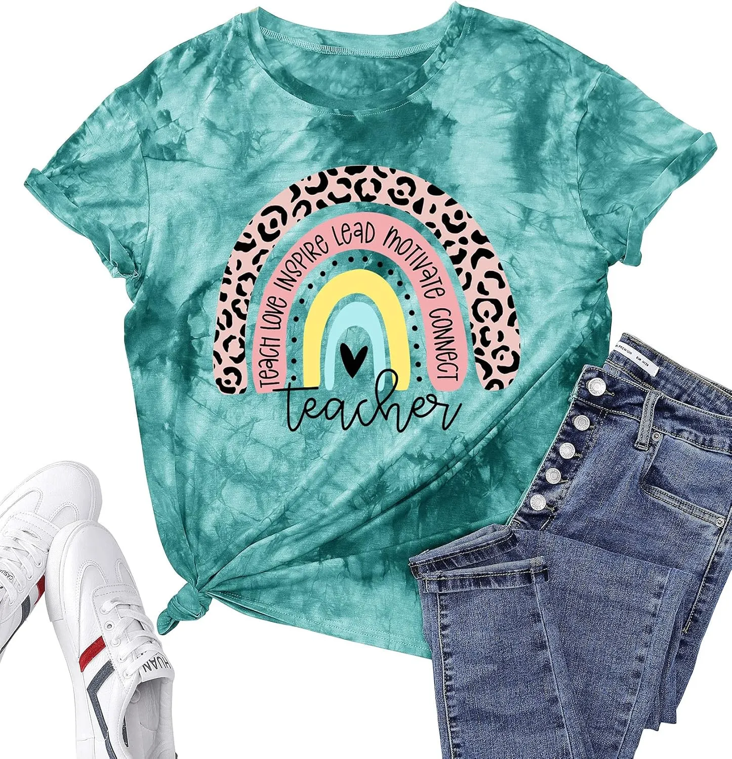 Teacher Shirt for Women Teach Rainbow Leopard Graphic Tee Tops Teachers Gift Teach Inspire T Shirt