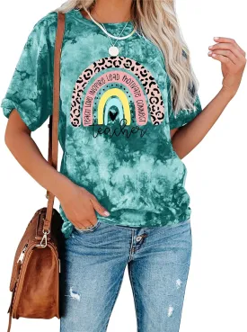 Teacher Shirt for Women Teach Rainbow Leopard Graphic Tee Tops Teachers Gift Teach Inspire T Shirt