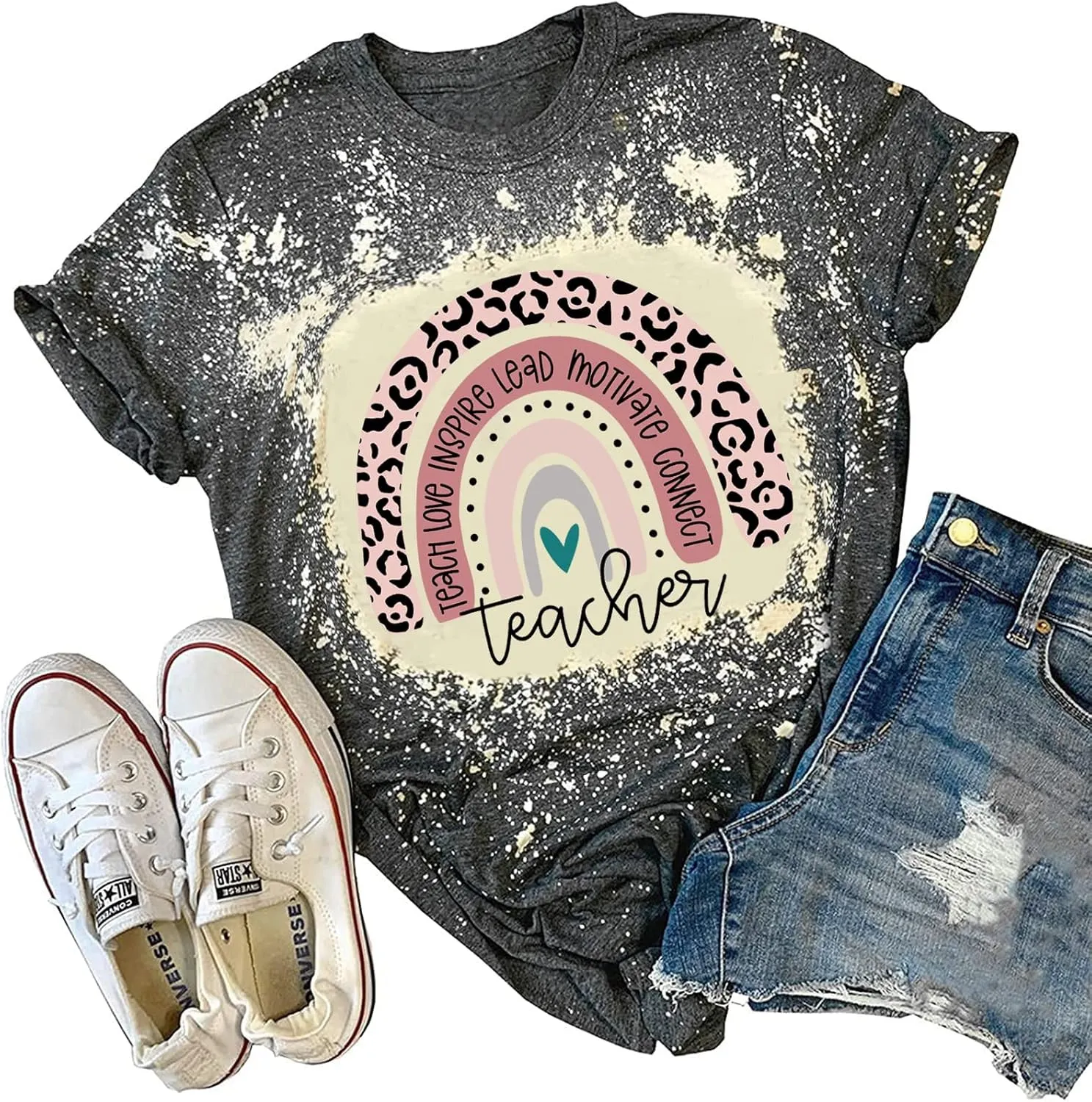 Teacher Shirt for Women Teach Rainbow Leopard Graphic Tee Tops Teachers Gift Teach Inspire T Shirt