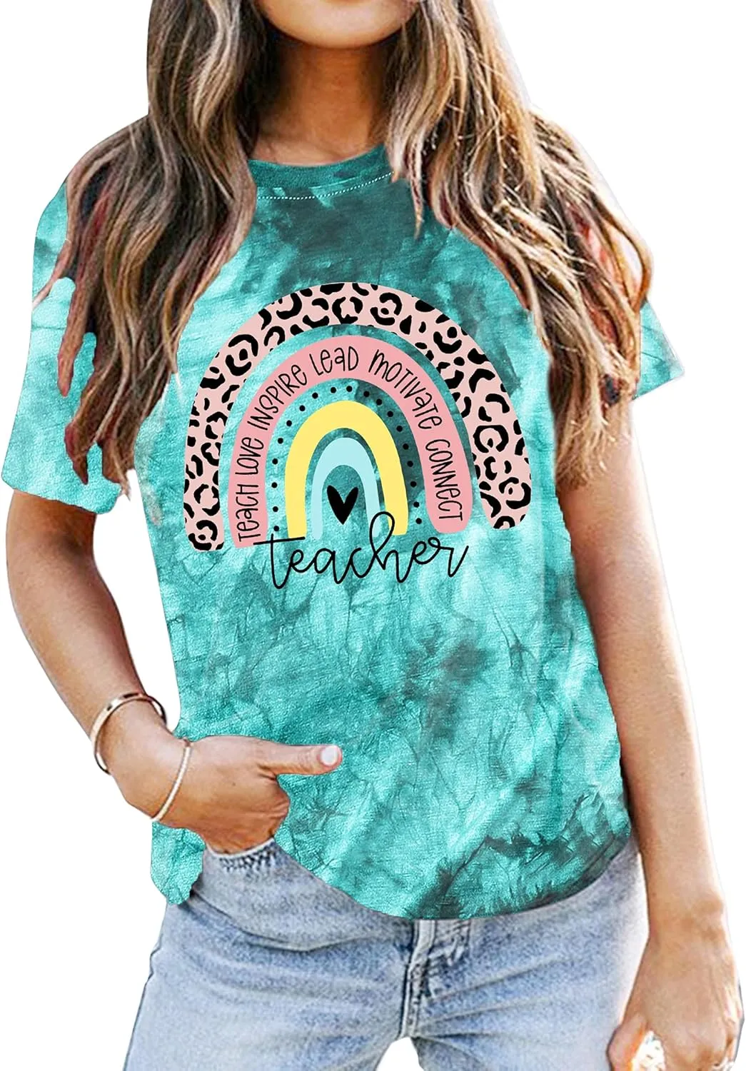 Teacher Shirt for Women Teach Rainbow Leopard Graphic Tee Tops Teachers Gift Teach Inspire T Shirt