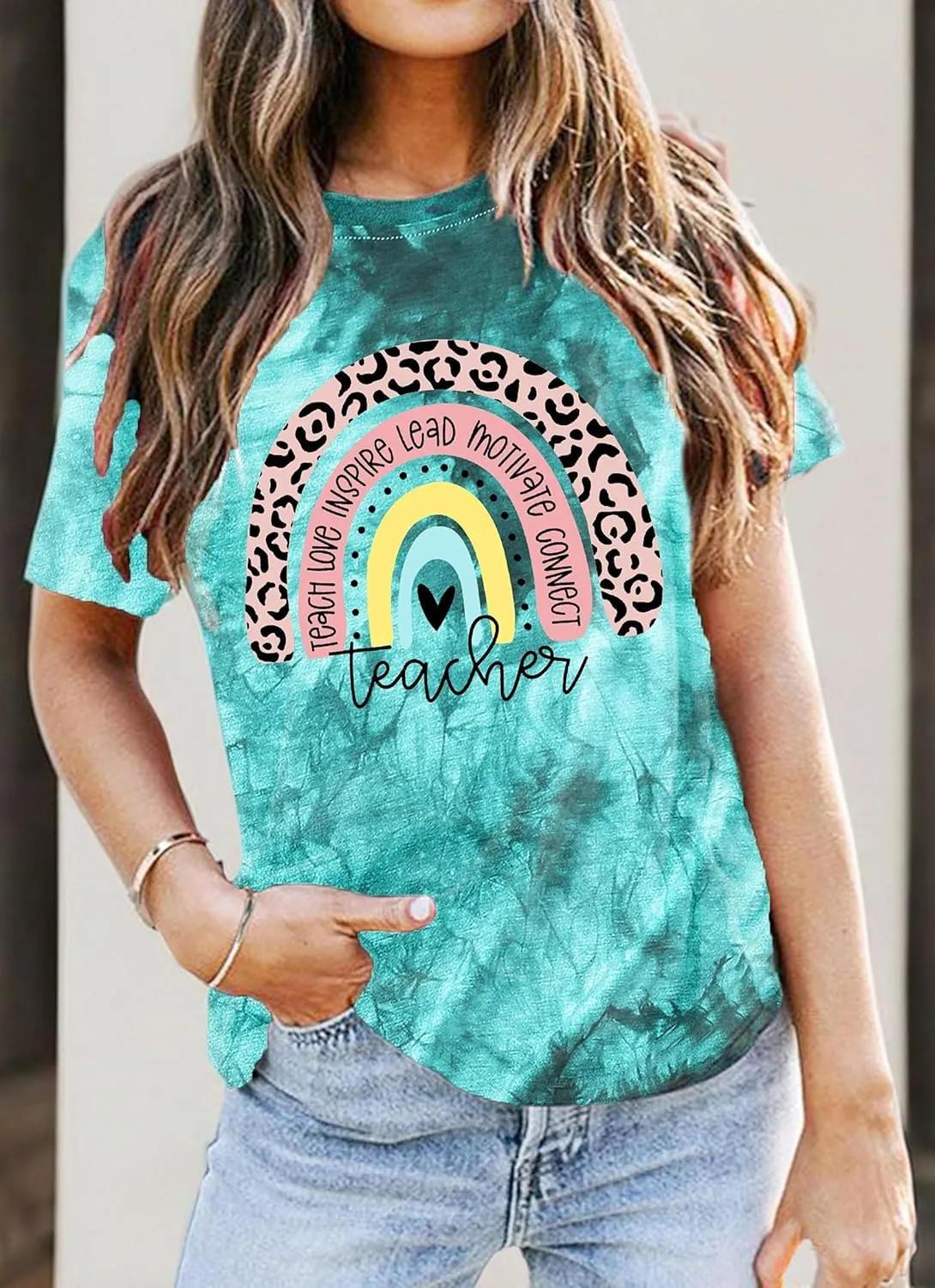 Teacher Shirt for Women Teach Rainbow Leopard Graphic Tee Tops Teachers Gift Teach Inspire T Shirt