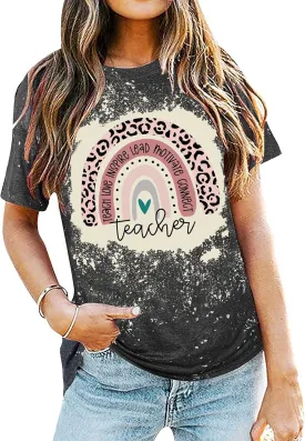 Teacher Shirt for Women Teach Rainbow Leopard Graphic Tee Tops Teachers Gift Teach Inspire T Shirt