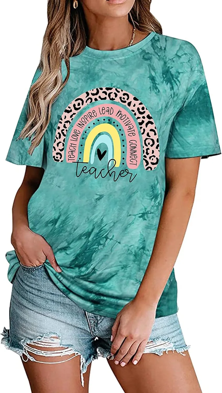 Teacher Shirt for Women Teach Rainbow Leopard Graphic Tee Tops Teachers Gift Teach Inspire T Shirt