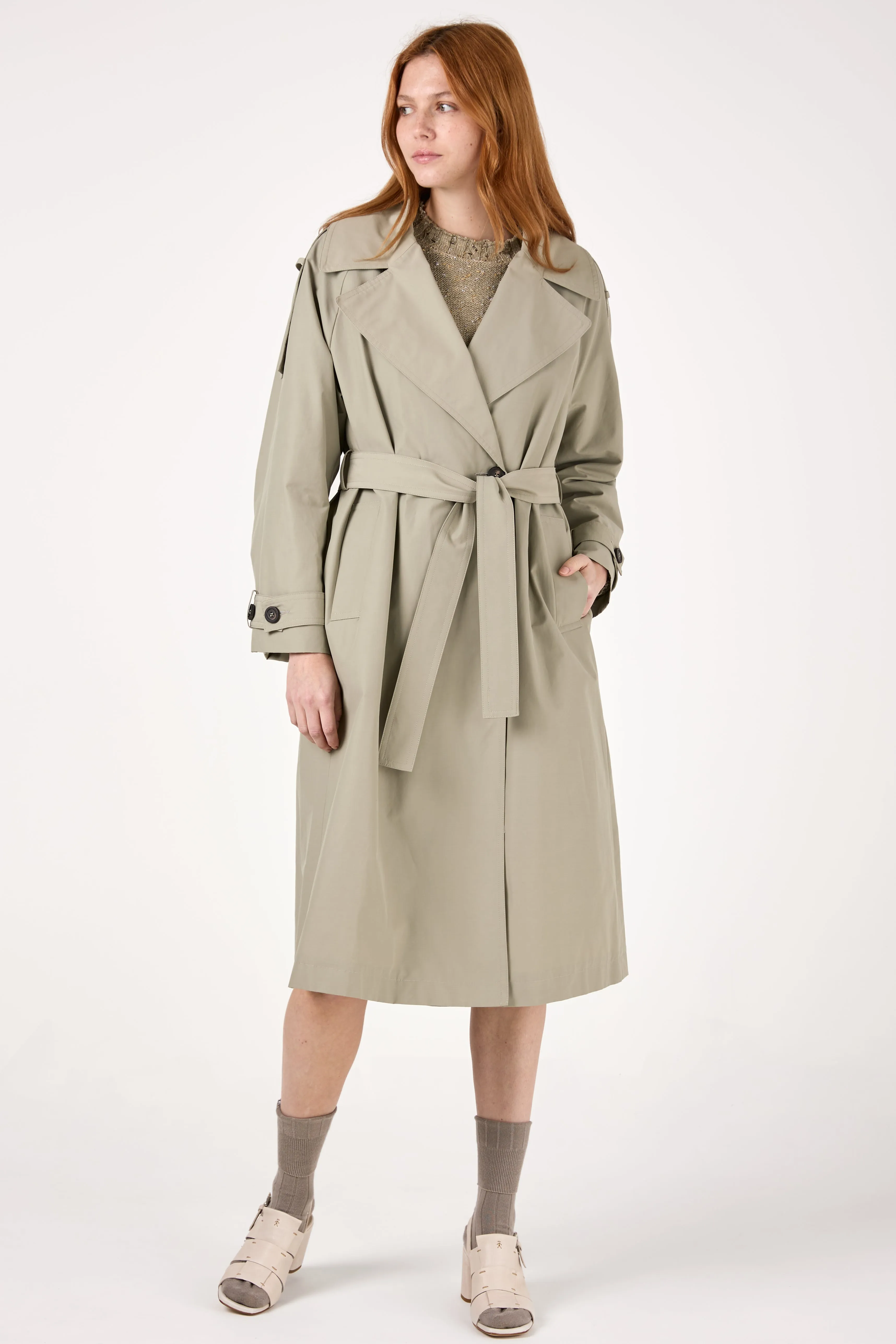 Technical Cotton Faille Trench Coat in Eucalyptus